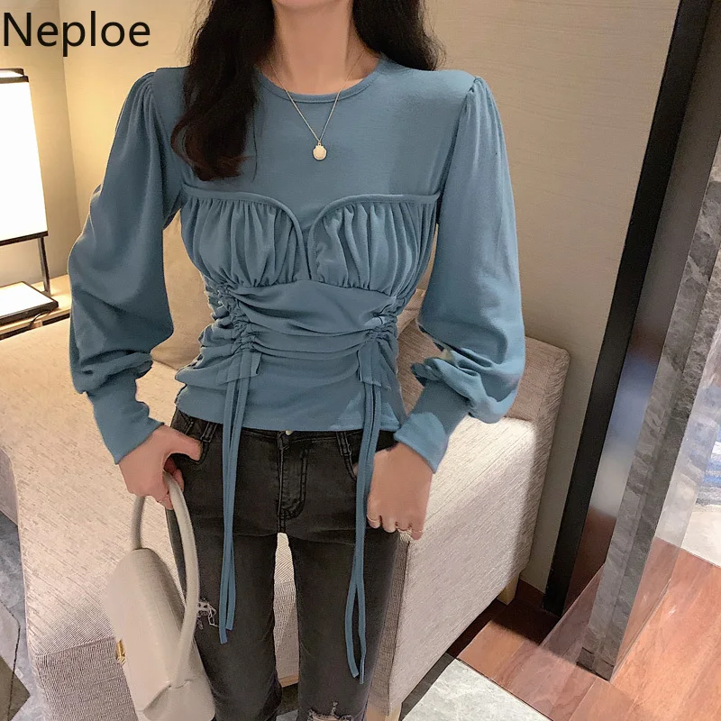 Neploe Ins, облегающий пуловер с круглым вырезом, нижняя футболка, одноцветная пышная футболка с длинным рукавом, плиссированная футболка на осень и весну, одноцветная сексуальная новая рубашка