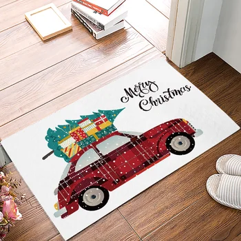 

Merry Christmas Car with Presents Christmas Tree White DoorMat Outdoor Indoor Bathroom Rug