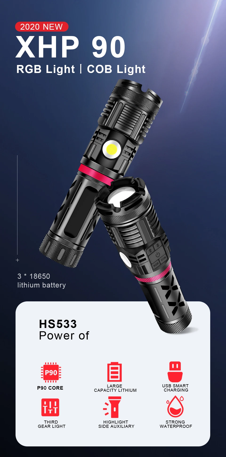 Tático à Prova Nova Alta Poderosa Xhp90 Lanterna Cob Flash Luz 18650 Recarregável Dwaterproof Água Caça Tocha Defesa 2022 Led 3 cob flash luz 18650 recarregável tático à