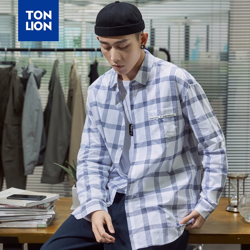 

TONLION Mens Plaid Shirts Long Sleeve Light Blue White Plaid Shirt Korean Men Casual Tops Spring Single Breasted Blouse Man New