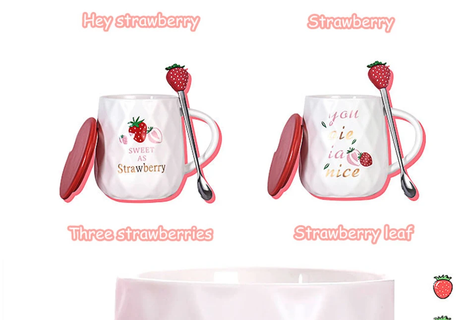 Strawberry Mug Creative Personality Trend Girl Ceramic Mugs with Lid Spoon Household Water Cup Breakfast Oatmeal Coffee Milk Mug