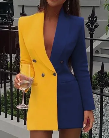 Long Sleeve Blazer Dress Contrast Stitching Large Professional V Neck Crepe Tuxedo Girl Fashion Gown Party Wear