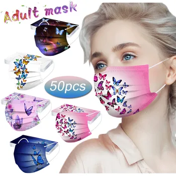 

50pcs Adult Face Mask Butterfly Print Disposable Protection Mondkapjes Three Layer Nonwove Mascarillas Breathable Earloop Masque