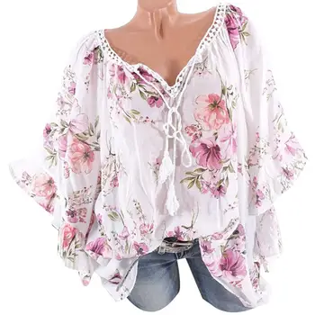 

Plus Size Fashion Women Flower Print Loose V Neck Batwing Half Sleeve Blouse Top 2020 New Fashtion Plus size Womens wear