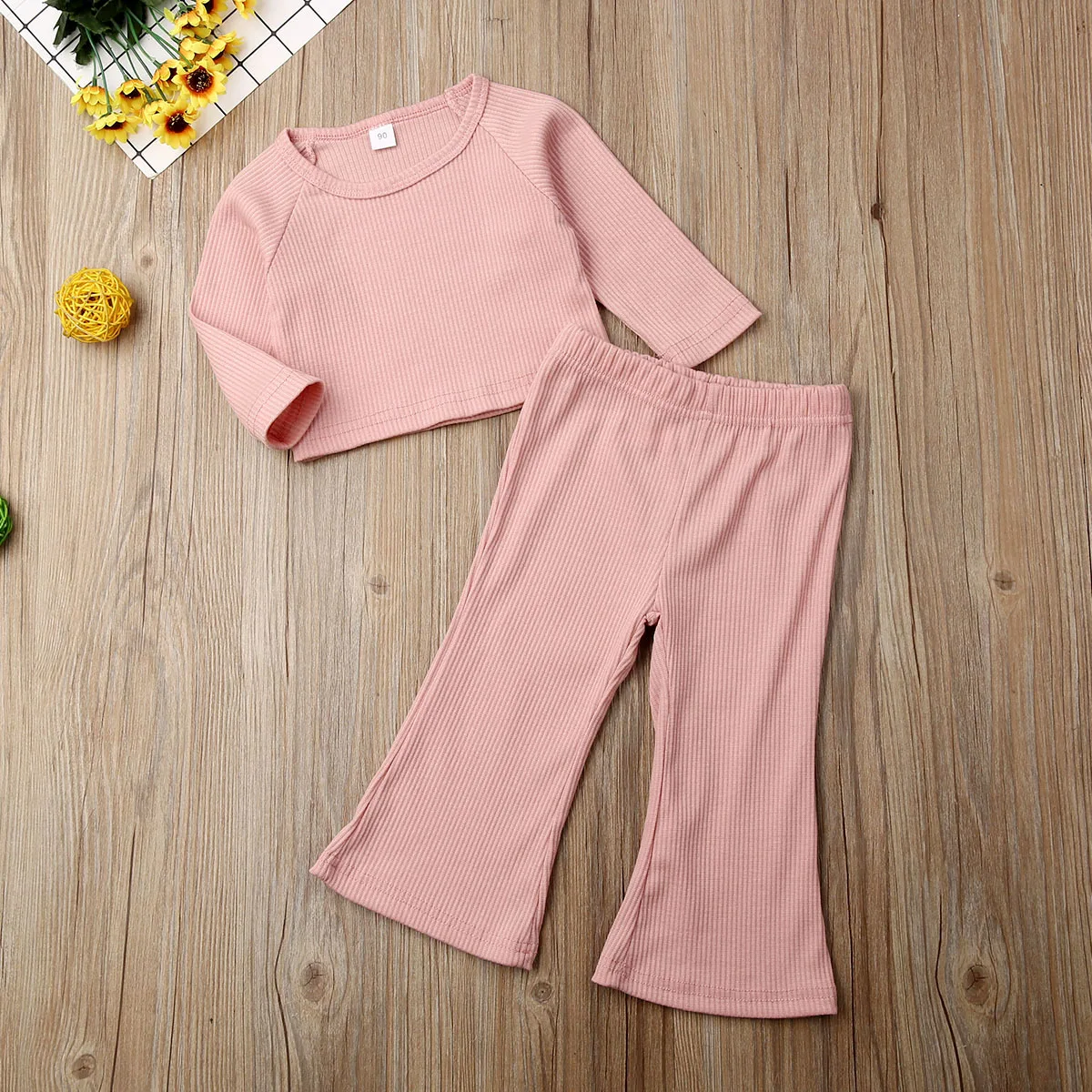 Baby Spring Autumn Clothing Baby Girl Ribbed Clothes Set 2PCS Long Sleeve Top Flare Pants Legging Toddler Kid Solid Outfits