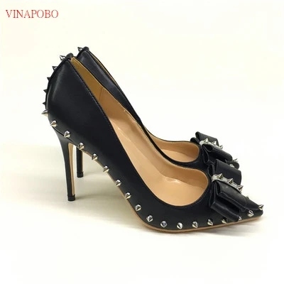 black rivet bow-knot high heels patent PU leather high heel women's shoes 10cm 12cm wedding shoes woman Party shoes bridal shoe - Цвет: 10cm