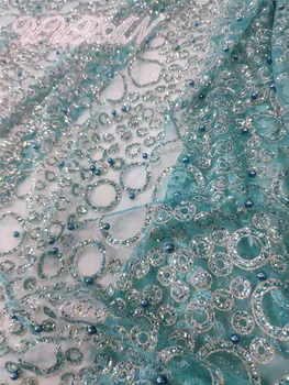 

French African Lace Fabric with Glitter Sequins Beads Green Guipure Cord Tulle Nigerian Tissu Mesh India Lace for Wedding Dress