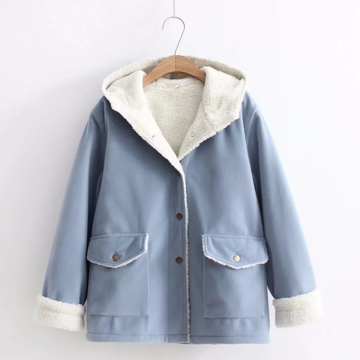 

Japanese-style Mori Girl Line Versatile College Style Sweet Cashmere plus Velvet Solid Color Hooded GIRL'S Cotton Coat