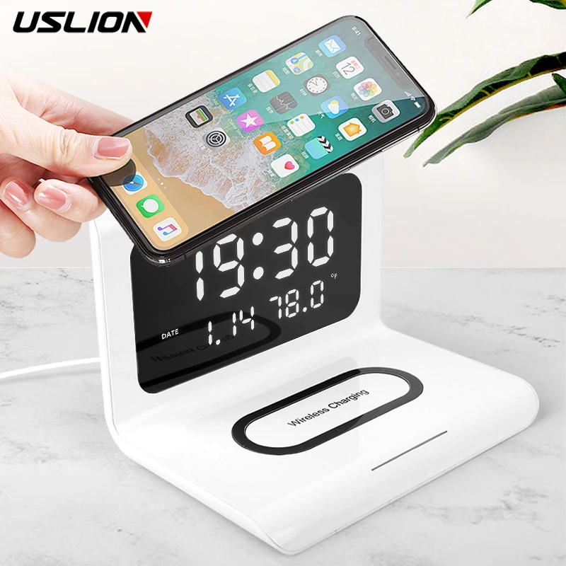 Wireless Charging Alarm Clock Thermometer wireless charger fast charge for Iphone 8/X/XS/XR/11 Pro for Sumsung S10/9 for xiaomi