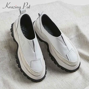

Krazing Pot 2019 cow leather British school preppy style thick bottom non-slip sneakers round toe slip on vulcanized shoes L63