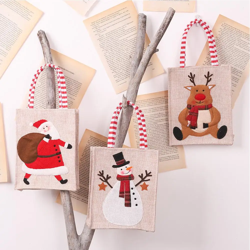 HobbyLane 1Pcs Christmas Linen Cloth Stereoscopic Embroidered Handbag Gift Bag Candy Bag Receiving Bag Drop Ornaments