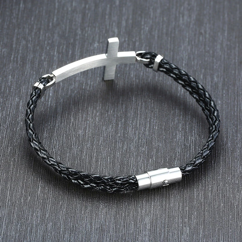 MEN BLACK CROSS DOUBLE BRAIDED LEATHER BRACELET MAGENTIC CLASP MEN'S JEWELRY GIFT FOR HER - Image 4