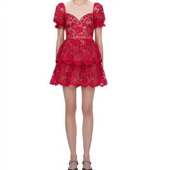 

2020 Spring Summer Women Lace Flower Mini Dress Puff Sleeve Backless High Waist Vintage Hollow out Dress