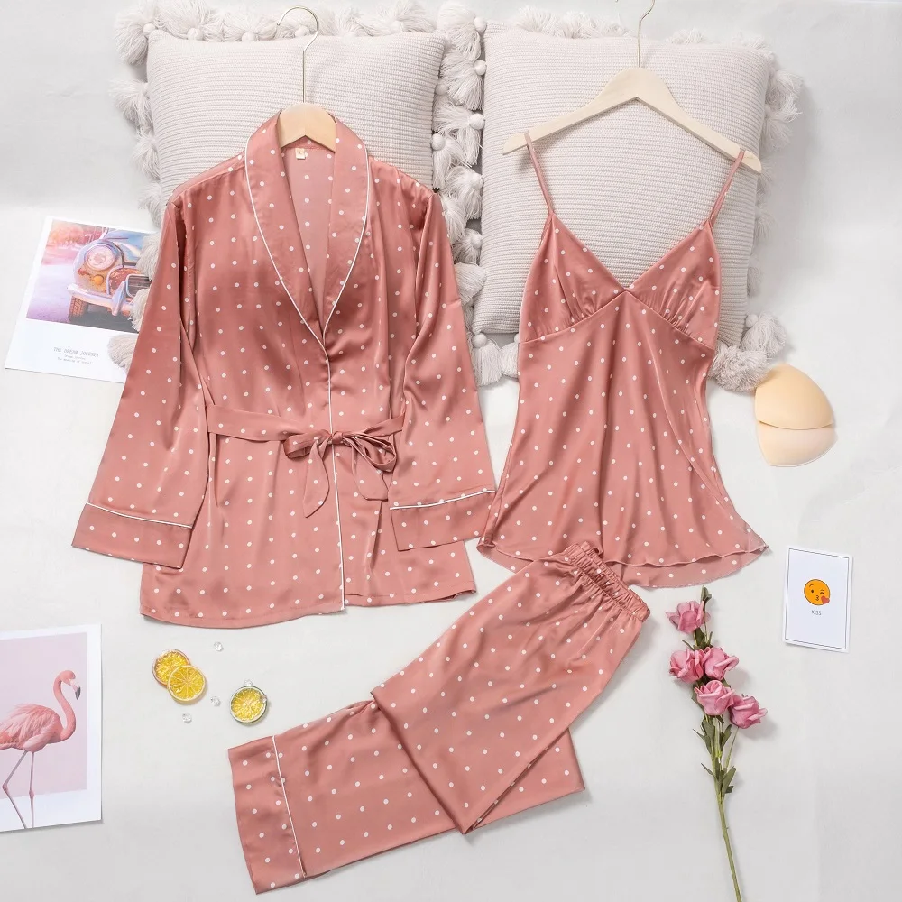 

Lisacmvpnel Autumn New 3 Pcs Suit Women Pajamas Polka Dot Print With Chest Pad Belt Long Sleeve Pyjamas