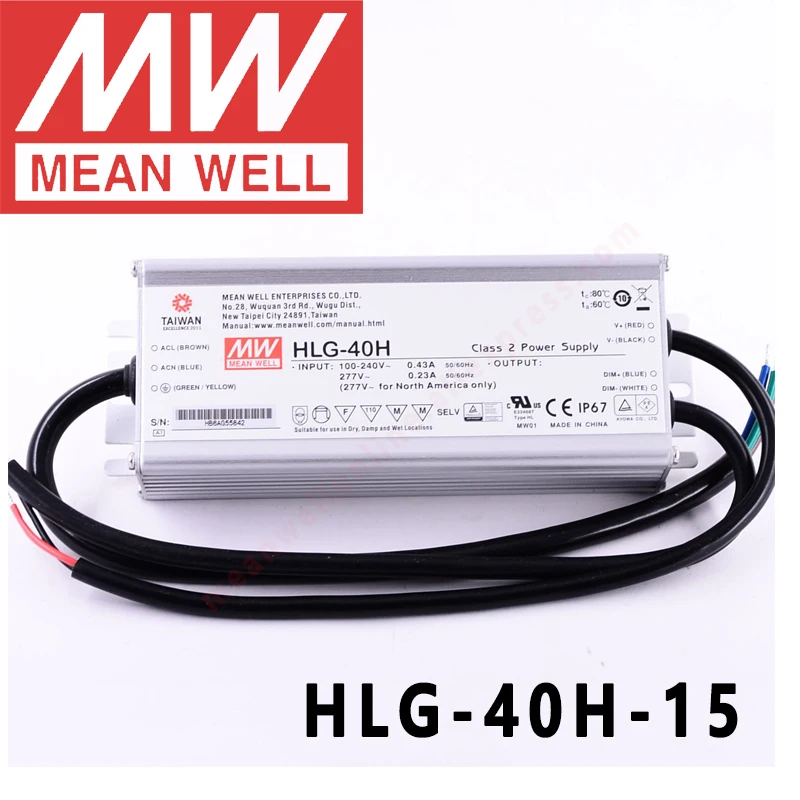 

Mean Well HLG-40H-15, для улицы/подвесных помещений/теплиц/парковки, постоянное напряжение 40 Вт, с драйвером постоянного тока для светодиода
