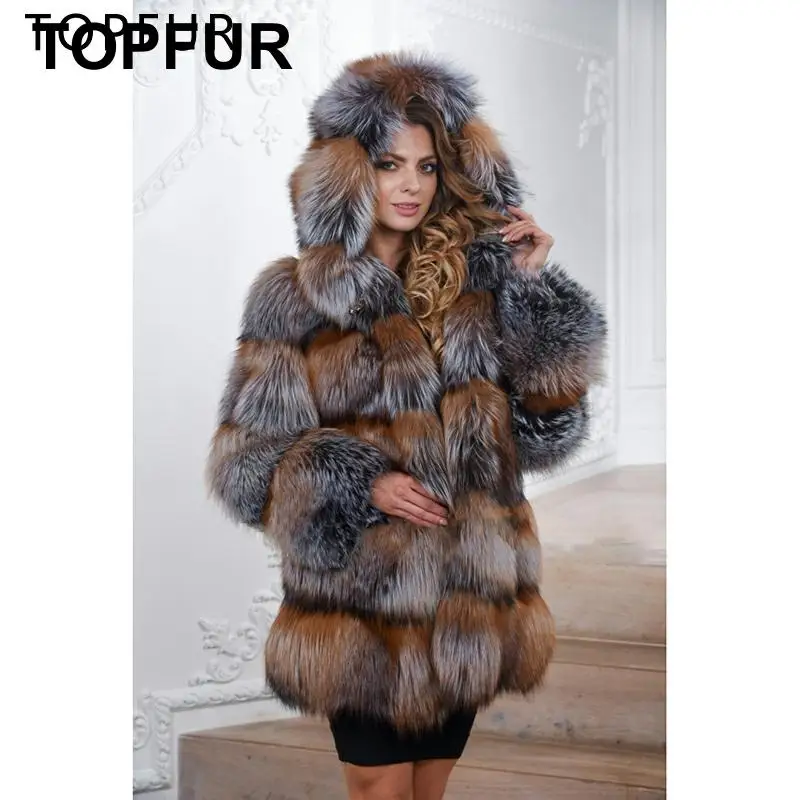 TOPFUR, новая модная зимняя шуба из натурального Лисьего меха для женщин, куртка из лисьего меха с капюшоном, роскошная Свободная верхняя одежда с длинными рукавами