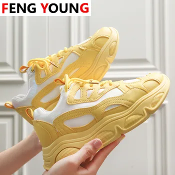 

Sneakers Woman Casual Shoes Chunky Sneakers Yellow White Lace Up Basket Sport Trainers Fashion Flat Vulcanized Shoe Women