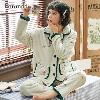 

Winter Pajamas Suit Female Pajamas Warm Flannel Long-Sleeved Pajamas Cardigan Mint Green Cute Animal Home Service Thick Section