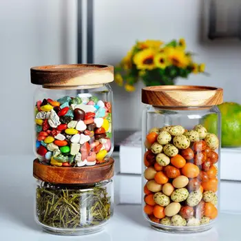 

Wood Lid Glass Airtight Canister Kitchen Storage Bottles Jars Food Container Grains Tea Coffee Beans Grains Candy Jar Containers