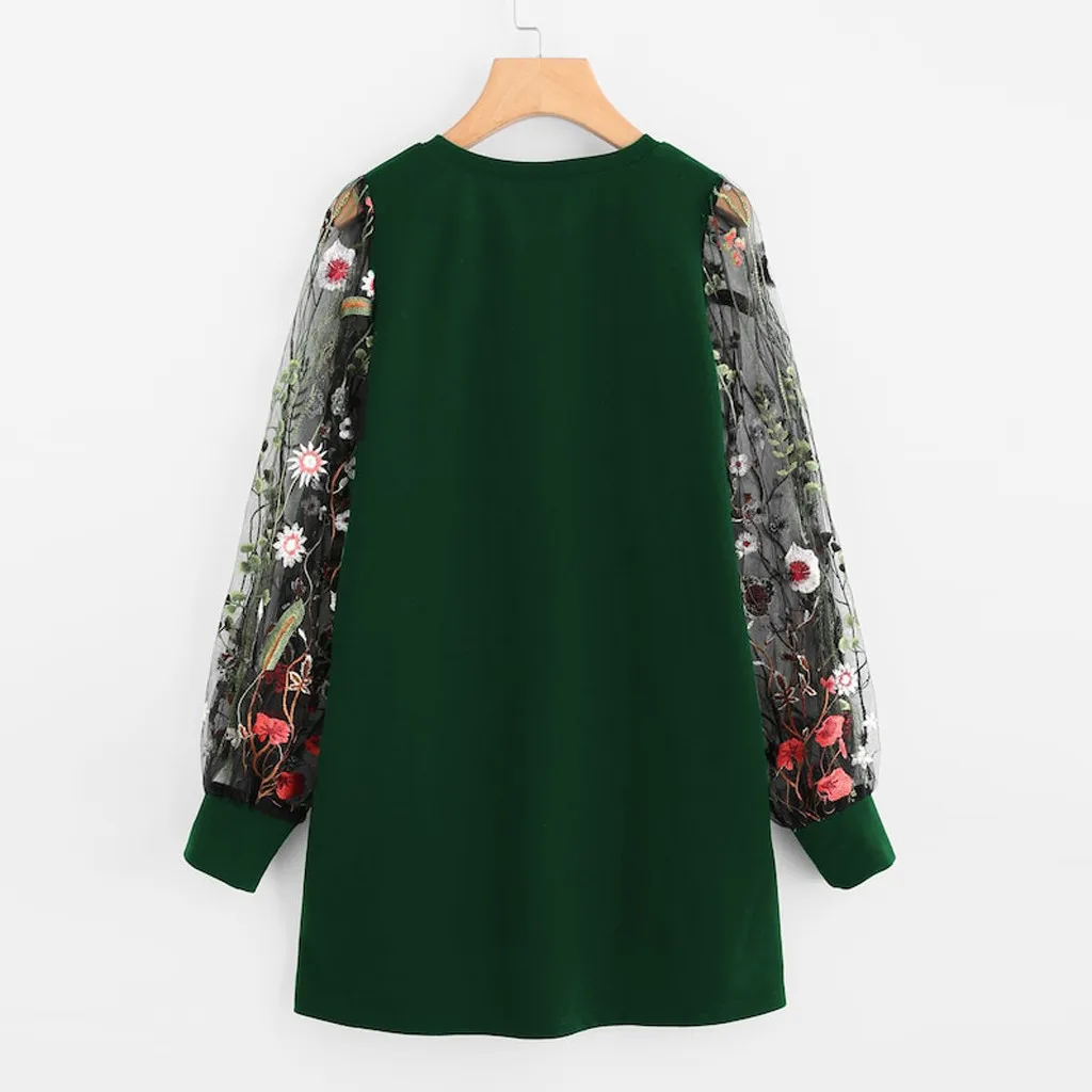 Цветочные осенние платья для женщин, элегантный сетчатый пуловер с круглым вырезом и длинным рукавом с цветочной вышивкой, Повседневные Вечерние зеленые платья для девочек