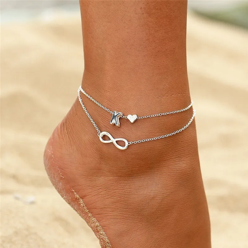 Silver Anklet Female Letter Heart Bohemian Charm Jewelry Infinity Ankle Bracelet 