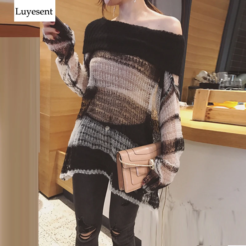 

Punk Loose Women Pullover Long Sweater Gothic Thin Striped Hollow Out 2019 Lady Transparent Hole Cool Top Slash Neck Jumpers New
