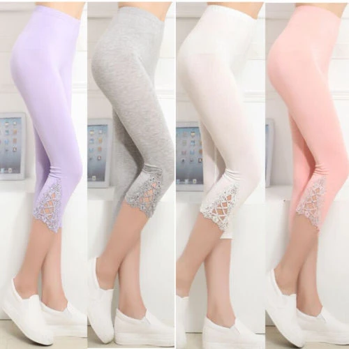 Casual Solid Cropped Leggings Women High Waist 3/4 Length Short Capri  Cropped Lace Summer Modal Pants Trousers - Leggings - AliExpress