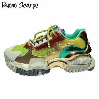 

Genuine Leather Platform Flat Sneakers Lace Up Mixed Colors Casual Shoes High Quality Holllow Sports Leather Sneakers Laces Shoe