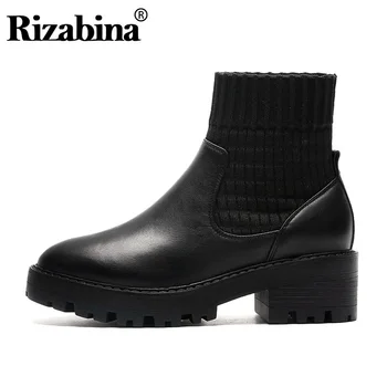 

RIZABINA Women Real Leather Hot Sale Ankle Boots Knitting Round Toe Slip On Short Boots Daily Office Sexy Shoes Woman Size 33-40
