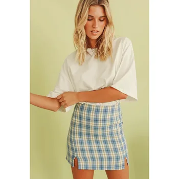 

Vintage plaid slit skirts womens 2020 summer chic split high waist skirt high fashion blue checkboard mini skirts retro skirts
