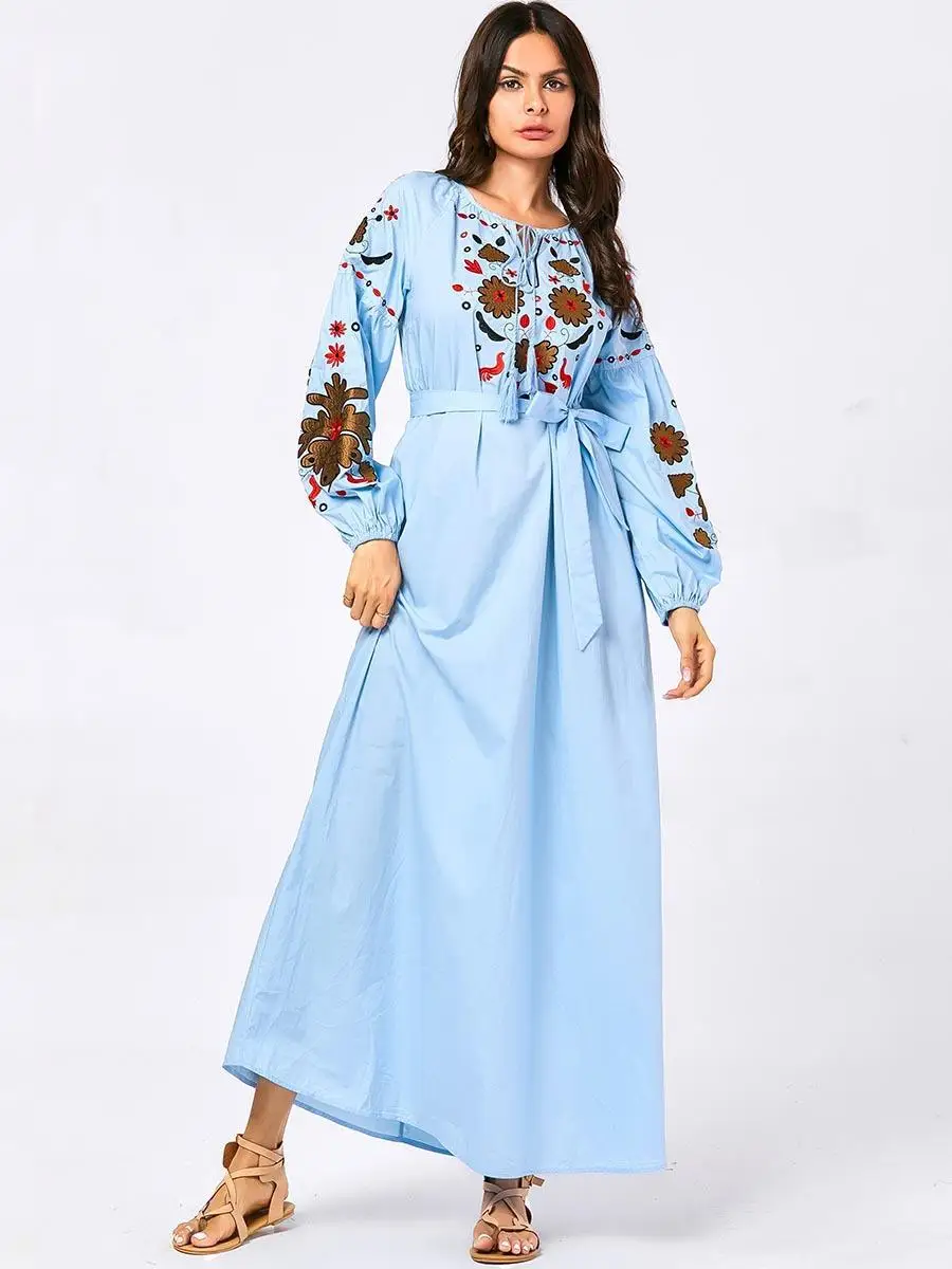 Abaya буфы на рукавах с вышивкой Макси платье исламский, арабский Винтаж кафтан женское мусульманское осеннее платье с длинным рукавом 2019