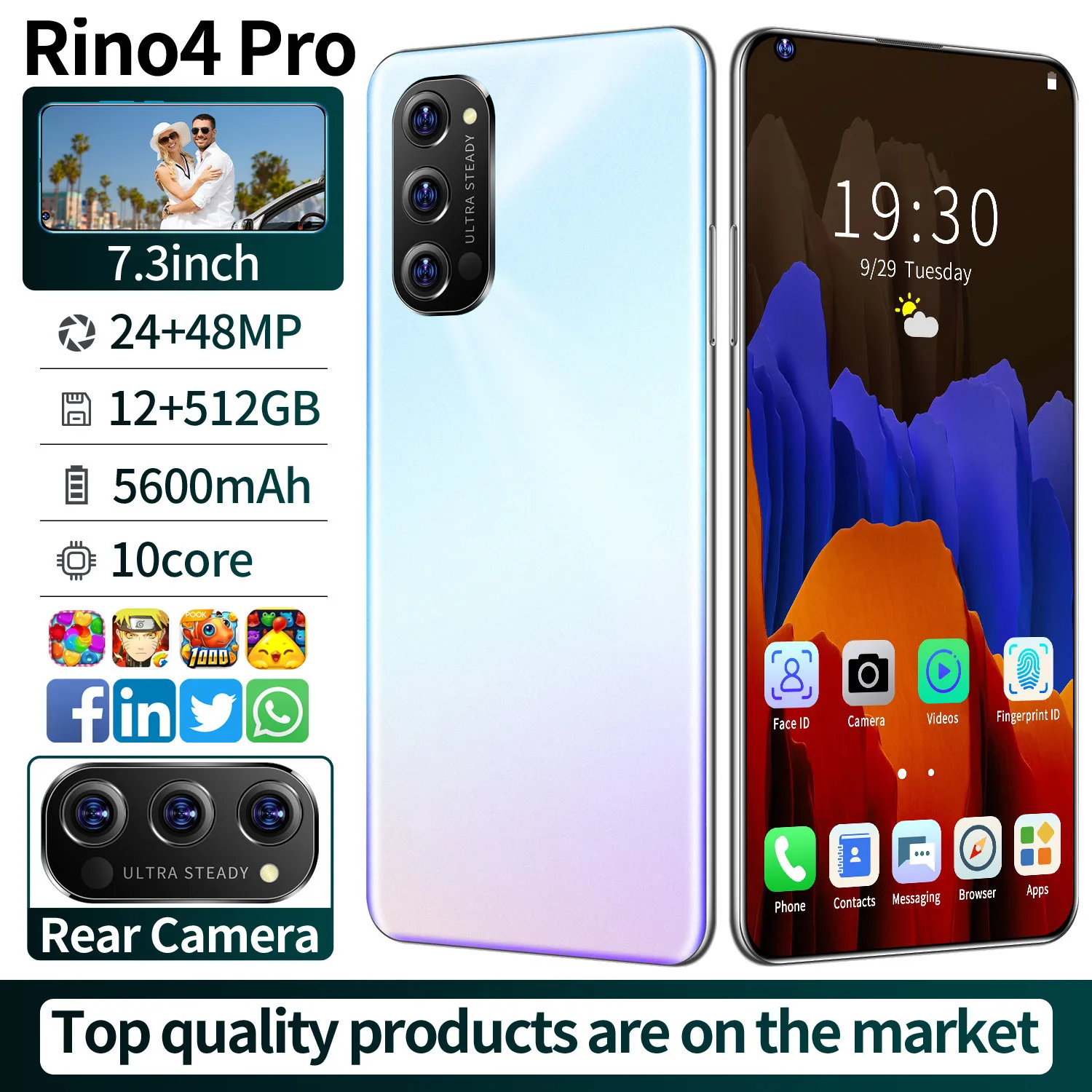 

4G LTE Global Version Smartphone 12GB 512GB Strong Memery 48MP Rear Camera 5600mAh Deca Core 7.3 Inch Full Screen Mobile Phone