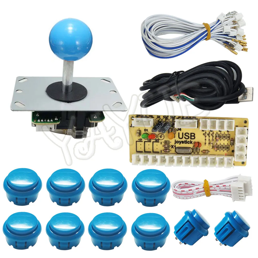 Blue DIY аркадный джойстик ручка комплект 5 pin джойстик аркадная Sanwa Кнопка Нулевая задержка USB плата с проводами для ПК Джойстик пластина - Цвет: Blue