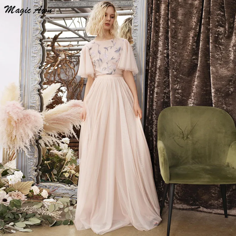 

Magic Awn Country Blush Wedding Dresses 2021 Cap Sleeves Embroidery Backless Beah A-Line Mariage Gowns Vestidos De Fiesta