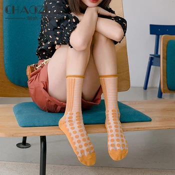 

CHAOZHU Fashion Women Streetwear Socks 5 Colors Summer Trendy Style Geometric Dot Lattice Cool Girls Street Snap Sox Thin Kawaii