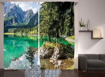

Rustic Curtains Alpine Lake Laghi di Fusine Forest Rocks Mountain Landscape Living Room Bedroom Window Drapes Jade Green