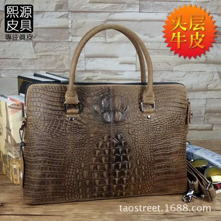 

Genuine Leather Men Full-grain Leather Horse Leather Shoulder Bag Handbag Crocodile Pattern Retro Computer Briefcase