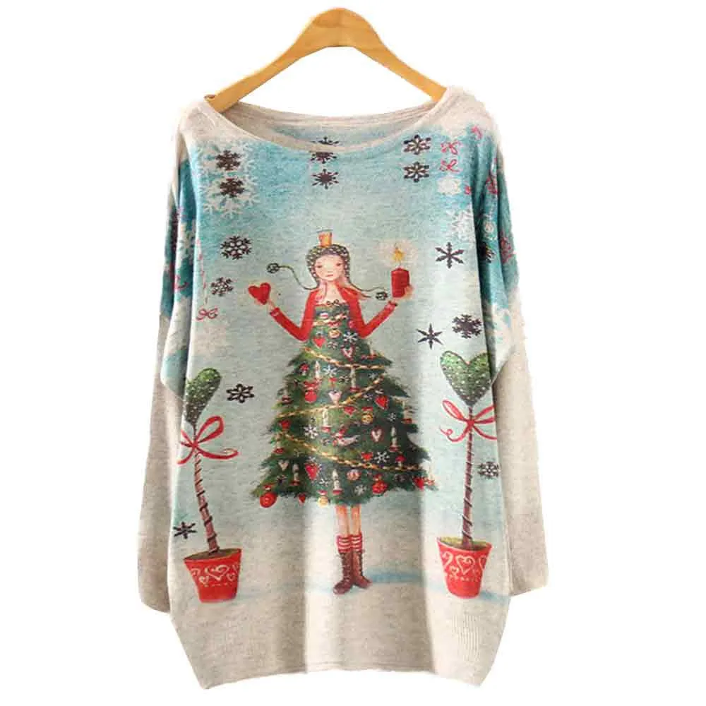 Women's Sweater New Batwing Sleeve Round Neck Christmas Print Autumn Winter Fashion Casual Warm Loose Comfortable Jumper#S