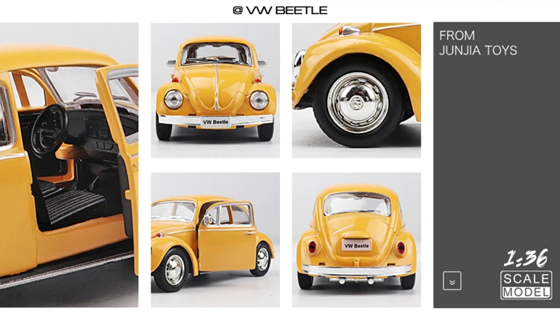 ミニカー　VW　フォルクスワーゲン　ビートル　1967　イエロー 1:36ミニ車1967フォルクスワーゲンビートルクラシックカー合金車