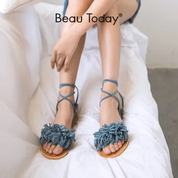 

BeauToday Gladiator Sandals Women Cow Suede Genuine Leather Fringes Cross-Tied Summer Ladies Beach Flat Shoes 32066