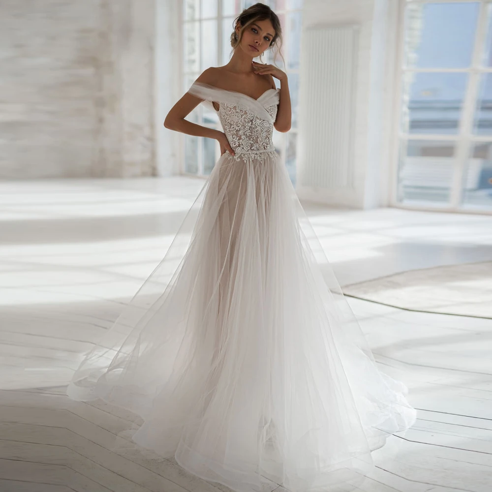 

Charming Off the Shoulder Boho Wedding Dress 2020 New A-line Robe de Mariage Customized Tulle Bride Dress