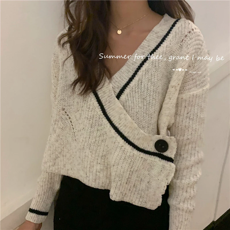 

New Chic Korean Single Button V Neck Cardigan Women Casual Fashion Autumn Spring Short Sweater Hollow Out Knitwear Tops