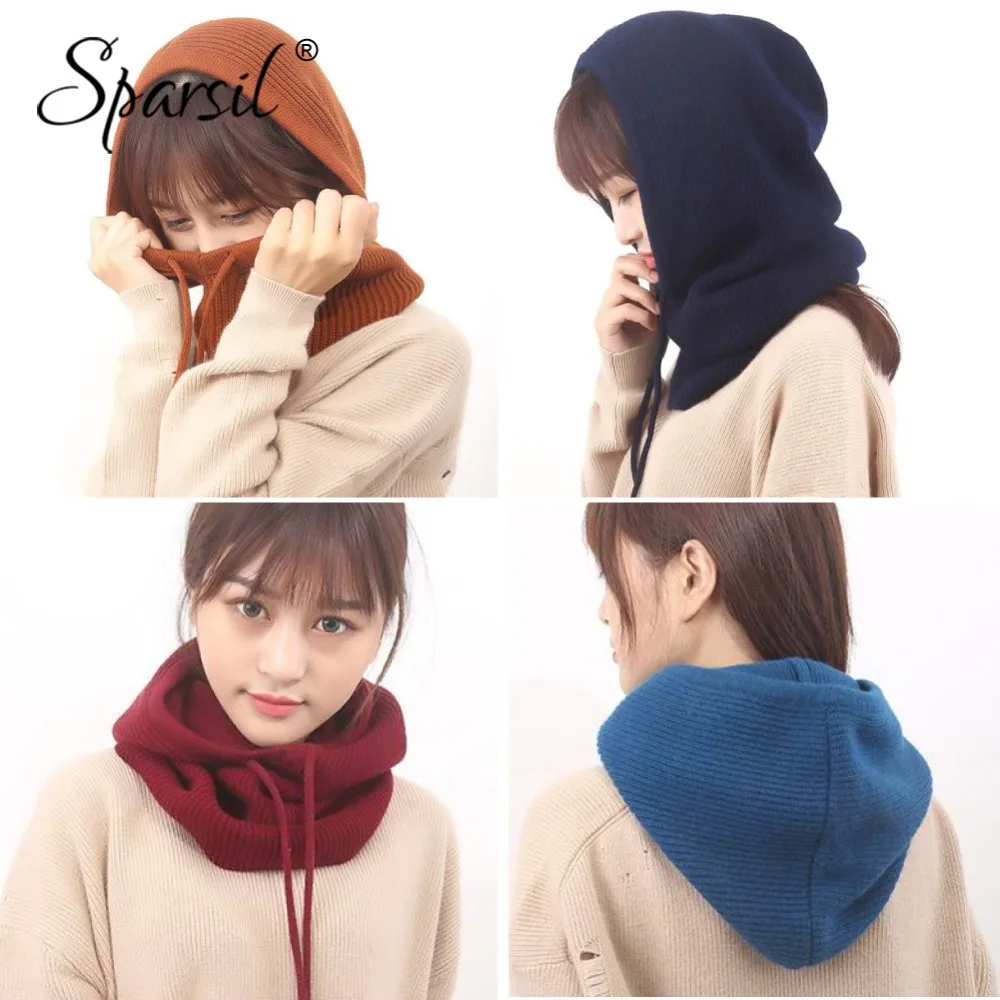 Cheap Sparsil Unisex Winter Cashmere Knitted Hooded Collar Removeable Elastic Hat Men Women Warm Thick Wool Neck Wrap Drawstring Caps