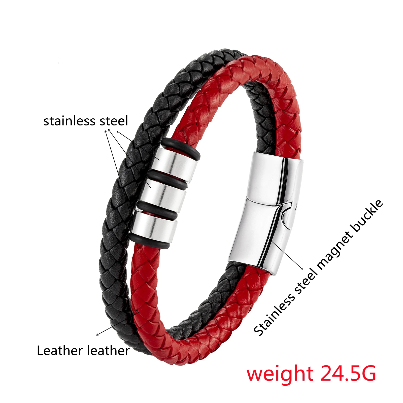 New Simple Punk Style 3 Rings 316L Stainless Steel Magnetic Buckle Men's Bracelet Two Tone Leather Cord Charm Jewelry Bracelet bracelet jewelry
