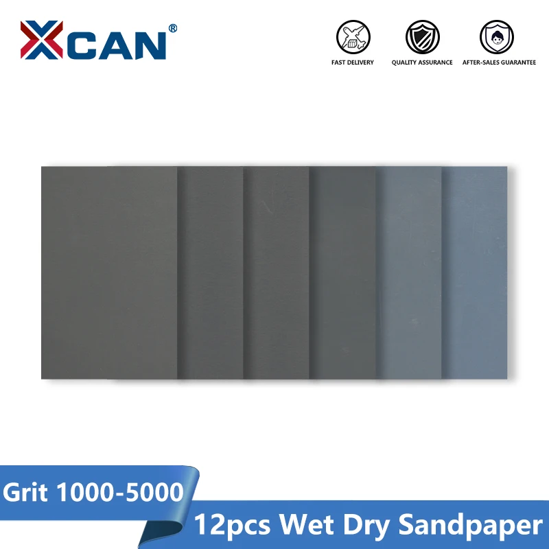 XCAN Nass-Trocken-Schleifpapier, 12 Stück, Körnung 1000–5000, wasserfestes Schleifpapier, 22,9 x 9,9 cm, für Holz, Metall, Schleifpolitur, Werkzeug, Schleifpapier