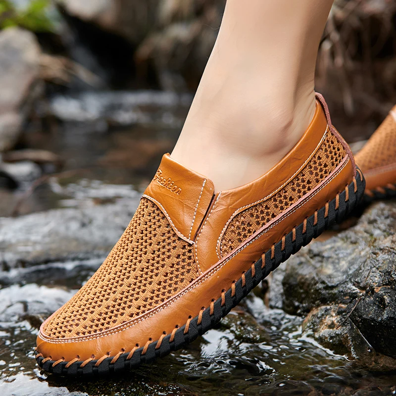 Merkmak-zapatos informales de cuero para hombre, mocasines de malla transpirables, sandalias suaves de moda para la playa, talla grande 50, para verano