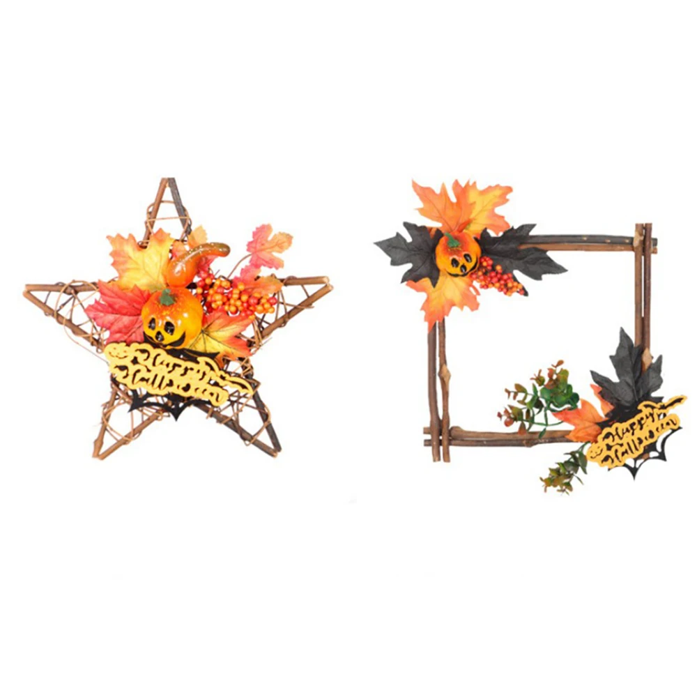 Wood Halloween Black Pumpkin Star Shape Wall Decoration Halloween Simulation Autumn Maple Leaf Pumpkin Berry Wreath