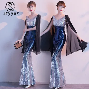 

Skyyue Double V-Neck Robe De Soiree FR425 Sparkling Sequin Mermaid Evening Dress Gradient Long Sleeve Vestido De Fiesta 2020