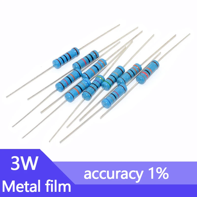 

10pcs 3W Metal Film Resistor 3R 30R 300R 3K 30K 300K 3 30 300 Ohm R Accuracy 1% Five-Color Ring Resistance 0.1R-910K