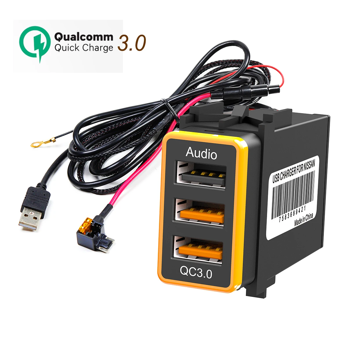 Автомобильное зарядное устройство YANDZ два USB-порта QC3.0 + аудио с тремя разъемами